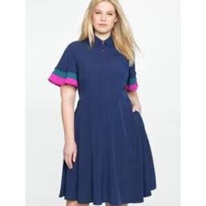 New! Eloquii Shirt Dress‎ Size 18 Navy Color Block Sleeve Knee Length Pockets
